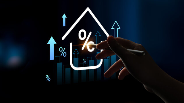 This image depicts a hand interacting with a digital representation of an upward trend in house prices, emphasizing growth in the real estate market and investment potential. Gantry