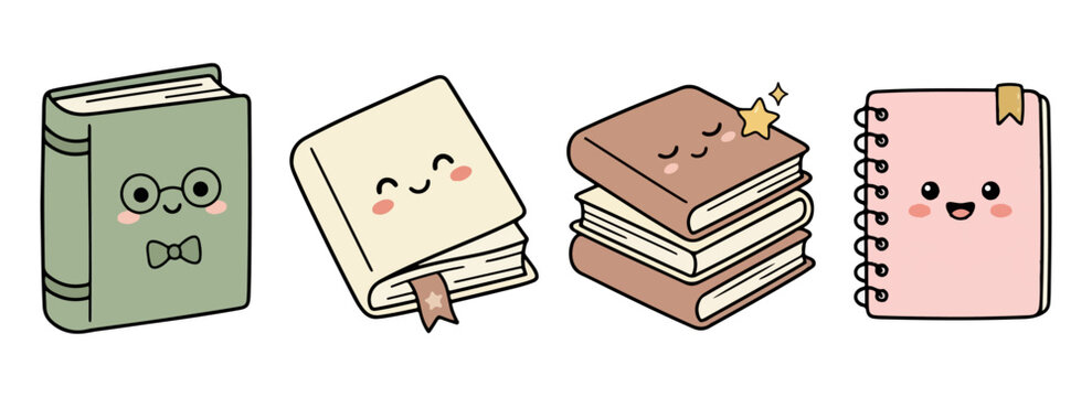 Cute cartoon kawaii books smiling glasses bow tie glasses reading.