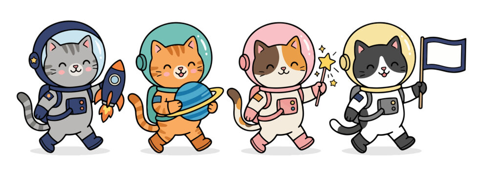 Cute cat astronaut stickers set exploring space on transparent background.