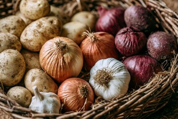 Obraz premium Root vegetables in rustic basket displaying healthy harvest