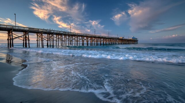 San clemente pier at sunset with waves washing up on beach
