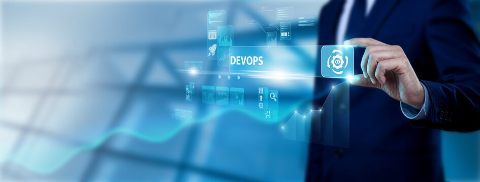 Software engineer hand holding DevOps interface on digital screen, continuous integration delivery, automation workflow, development operations and cloud deployment concept
