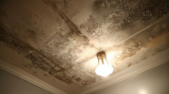 Water damage causes mold growth on ceiling and affects the light fixture in a room