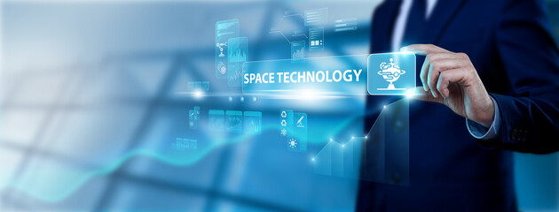 Aerospace Engineer Hand Holding Space Technology Interface on Digital Screen, monitoring satellite orbits. Advancing cosmic exploration through satellite communication and rocket telemetry. © AD