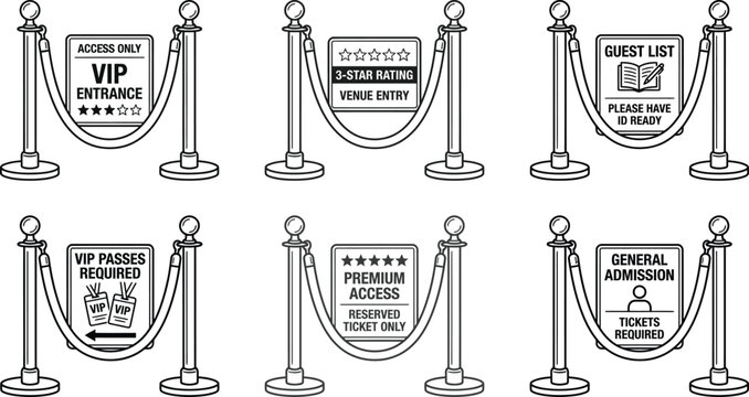 queue barrier posts with velvet ropes and signage isolated on white background