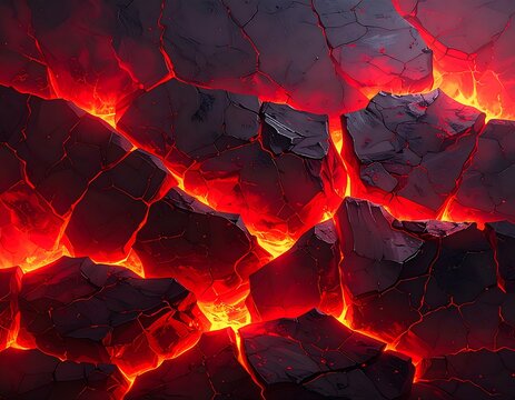 Close-up of molten lava glowing through fragmented, dark gray stone. The heat intensifies, casting an orange-red light