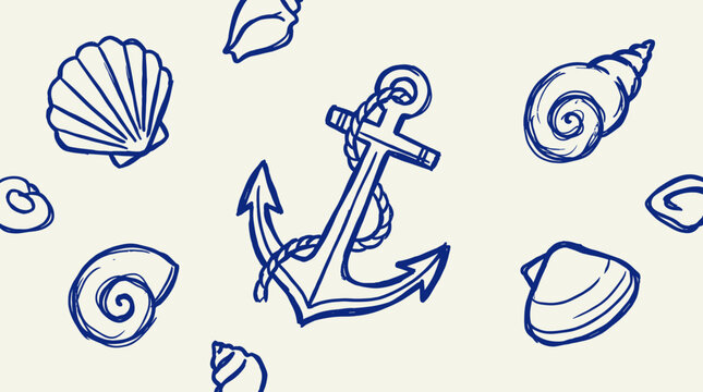 Nautical anchor and seashells doodle pattern on a cream background. Hand drawn marine illustration for summer beach and ocean themes.