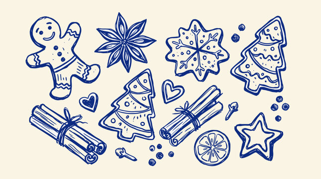 Hand-drawn festive Christmas cookies and spices for holiday baking and seasonal celebrations