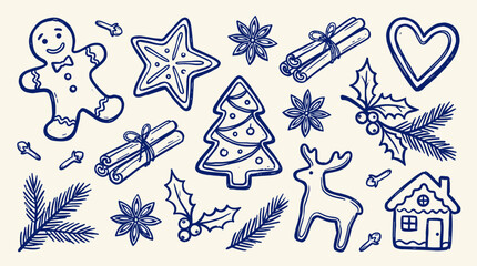 Fototapeta premium Festive hand drawn collection of Christmas cookies and winter holiday elements including gingerbread man, tree, reindeer, and holly. Sketchy doodle style for seasonal design.