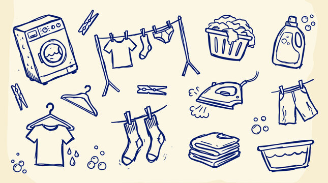 Laundry day doodles: washing machine, clothesline, iron, basket, detergent, and laundry symbols for domestic chores and home cleaning concepts