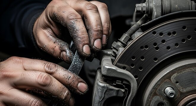 Close-up of a mechanic's dirty hands working on a car's disc brake system with a wrench, performing maintenance or repair.