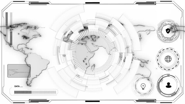 White global HUD map interface with world outlines, circular data dials, security icons, and clean technology layout. Perfect for business videos, AI dashboards, cyber reports, and presentations.