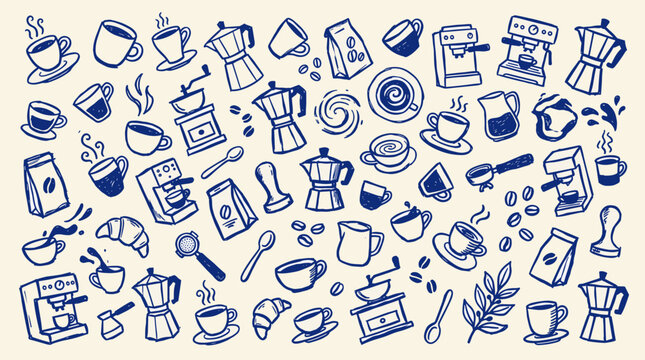 Hand drawn coffee shop icons and elements collection featuring espresso machines coffee cups grinders and croissants perfect for cafe menus or packaging design