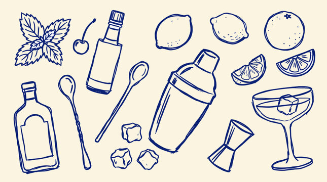 Hand drawn illustration of cocktail ingredients and bar tools including mint leaves cherry shaker jigger spoon bottle and ice cubes with citrus slices and a glass