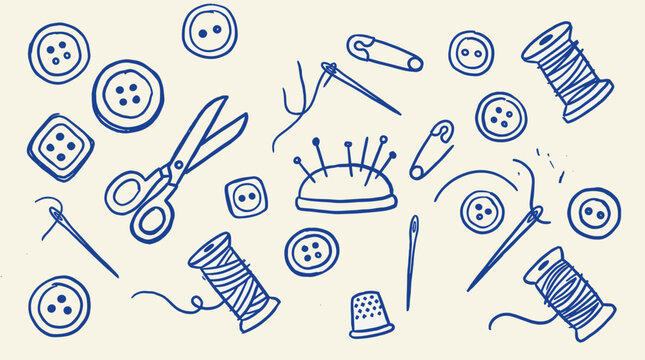 Hand drawn illustration of sewing and crafting supplies including scissors buttons thread spools needles thimble and safety pins on a light background