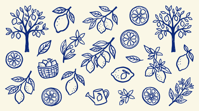 Charming hand-drawn illustration of lemons and lemon trees in a delightful blue and cream color palette perfect for summer themes and kitchen decor