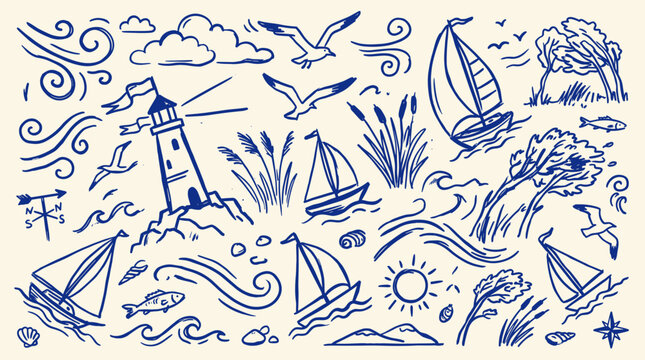 Nautical doodle collection with sailboats lighthouse seagulls waves sun and clouds hand drawn sketchy style maritime theme