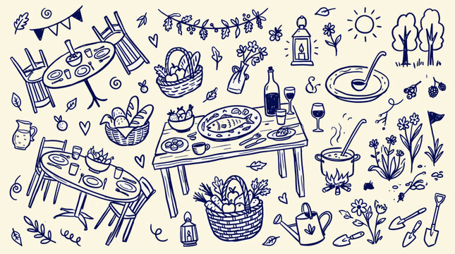 Hand drawn sketch of a delightful outdoor picnic feast spread on tables with baskets of bread fruit and wine set against a backdrop of trees and garden elements symbolizing a joyous summer celebration