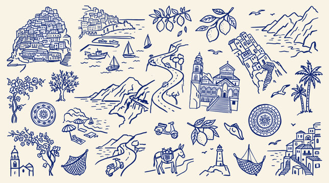 charming hand drawn illustrations of italian coastal towns with lemon trees and vintage scooters