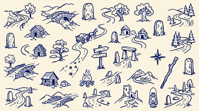Hand drawn sketch of a fantasy map elements showing roads bridges houses trees stones and a castle for adventure and exploration themes