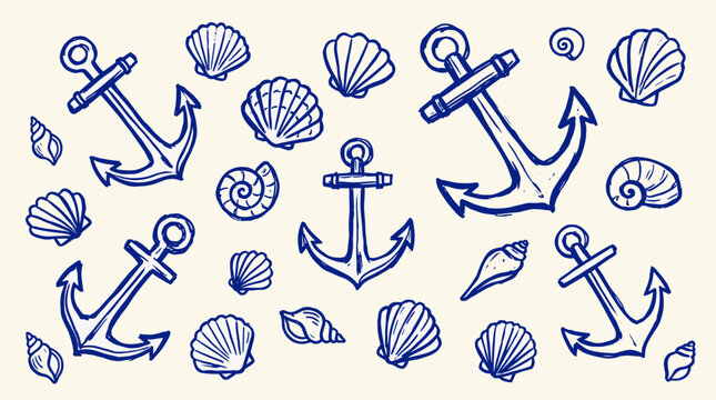 Nautical anchors and seashells doodle pattern on a cream background, maritime theme, hand-drawn style, perfect for summer beach decor and marine design