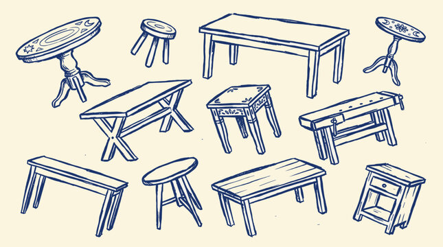 Collection of hand drawn furniture sketches including tables benches and stools in a simple artistic style on a cream background