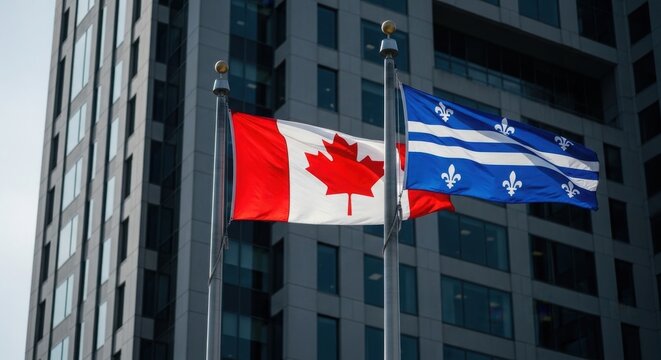 Celebrating canada day canadian and quebec flags flying proudly against a modern building