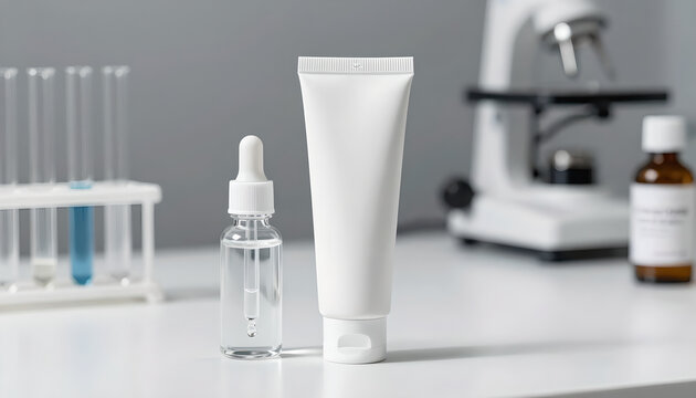 Lab Skincare Tube Mockup with Dropper Bottle on Bench
