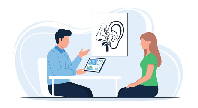 Doctor consulting patient about ear, nose, and throat health with anatomical chart and tablet