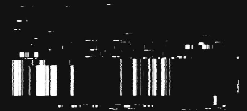 Abstract static and glitch effect with distorted white vertical lines and small squares on black background, retro tv screen, digital noise, corrupted signal.