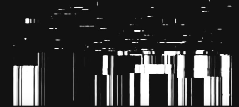 Dynamic abstract glitch art with scattered white elements against dark backdrop, suggesting digital noise and fragmented data, ideal for technological themes.