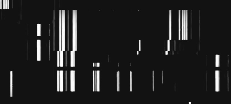 Energetic abstract glitch with bright white vertical bars and fragmented shapes on dark, embodying digital noise and fragmented information streams.