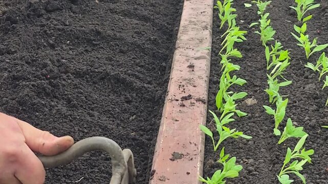 Adult hand using a small garden hoe to prepare soil and plant young green seedlings in neat rows outdoors, gardening work, organic farming, spring planting, sustainable lifestyle. High quality 4k