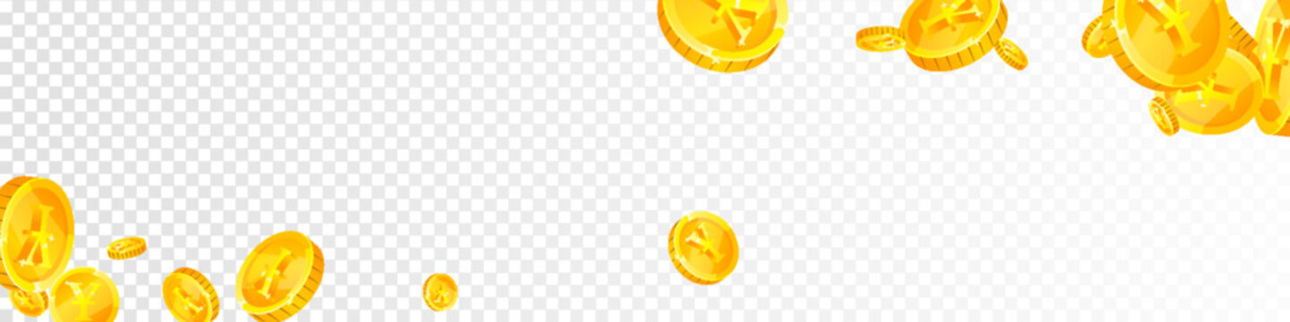 Japanese yen coins falling. Scattered gold JPY