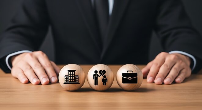 Businessman with hands on table, three wooden spheres with business suit