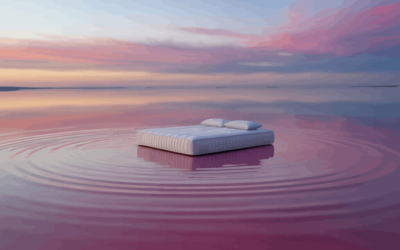 Mattress Floating On Calm Water At Sunset For Relaxation And Serenity Concepts