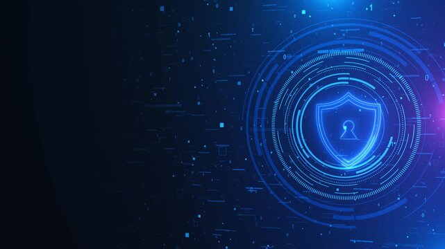 Blue security shield HUD background with glowing lock icon, circular scanner rings, binary details, and dark copy space. Perfect for cyber security videos, privacy topics, and software overlays.