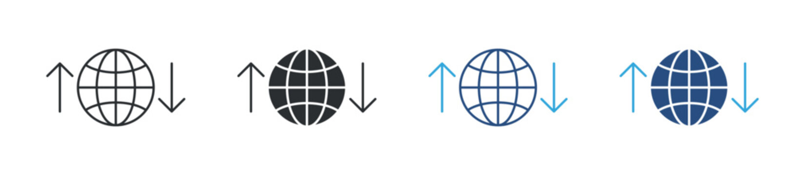 Import export icon set. globe with upload and download arrows. international trade and data transfer concept. vector illustration.
