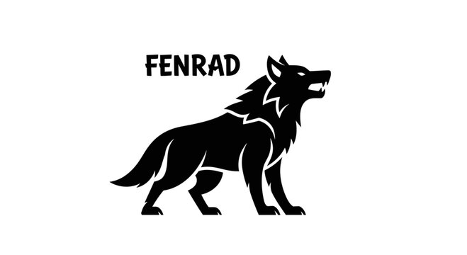 Ferocious Black Wolf Silhouette Howling with Fangs, Fenrad Logo