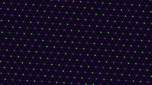 Animated abstract technology background with repeating geometric mesh, glowing green and purple nodes, and connecting lines, ideal for data, AI, and digital network themes