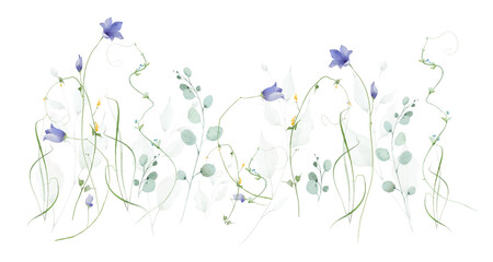 Watercolor floral border bouquet. Growing blue bells, yellow flowers. Green, turquoise eucalyptus branches, leaves, twigs. Hand drawn style illustration. Artistic template design. © satika