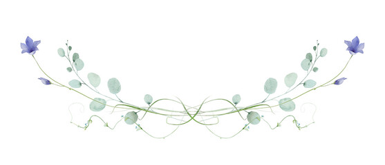 Watercolor floral symmetrical semicircular border frame. Blue bells, yellow flowers. Green, turquoise eucalyptus branches, leaves. Hand drawn style illustration. Artistic template design. © satika