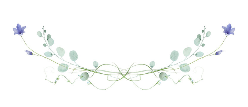 Watercolor floral symmetrical semicircular border frame. Blue bells, yellow flowers. Green, turquoise eucalyptus branches, leaves. Hand drawn style illustration. Artistic template design.