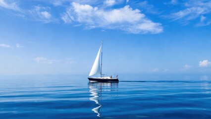 Fototapeta premium Single sailboat reflecting on mirror calm sea under blue sky