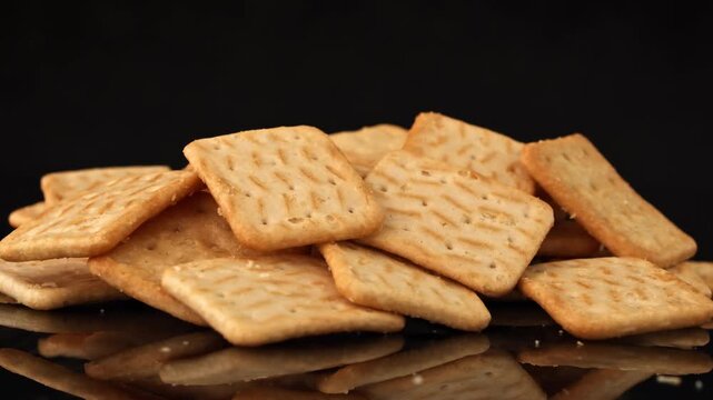 Square salted crackers stacked on black reflective background with visible texture and perforated surface in close-up view