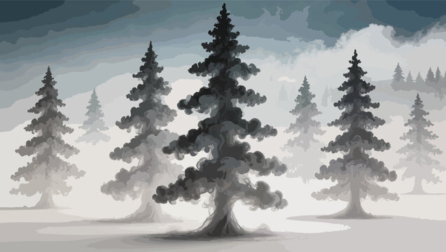 Row of dark evergreen trees in a misty winter forest with soft grey clouds and snow-covered ground.