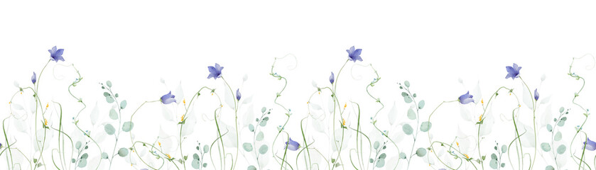 Watercolor floral seamless border stripe. Blue bells, yellow flowers. Green, turquoise eucalyptus branches, leaves, twigs. Hand drawn style illustration. Artistic template design. © satika