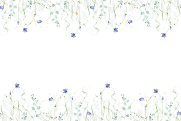 Watercolor floral seamless border frame. Blue bells, yellow flowers. Green, turquoise eucalyptus branches, leaves, twigs. Hand drawn style illustration. Artistic template design. © satika
