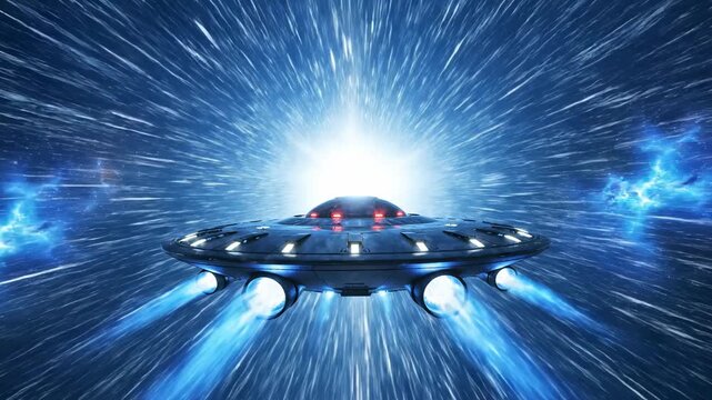 Futuristic UFO Spacecraft Traveling at Warp Speed through Hyperspace for Sci-Fi Cinematic Background.