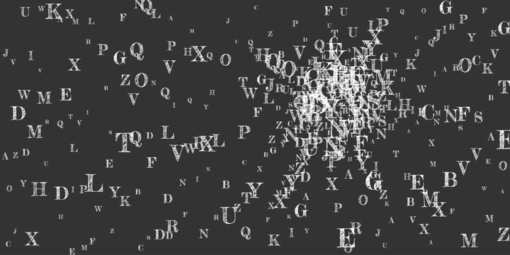 Flying latin letters. White chalk  scattered